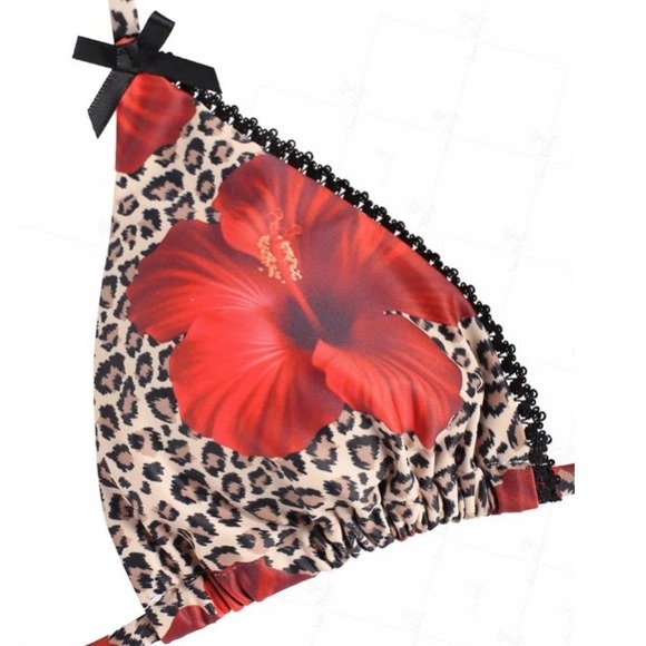 Seamolly Leopard Floral Print Lace Trim Halter Triangle Bikini S New With Tags - Picture 3 of 6